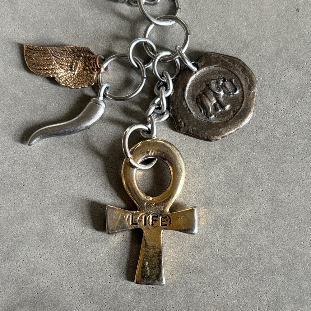 Ankh 'LIFE' Charm Necklace Mixed Metal Charms